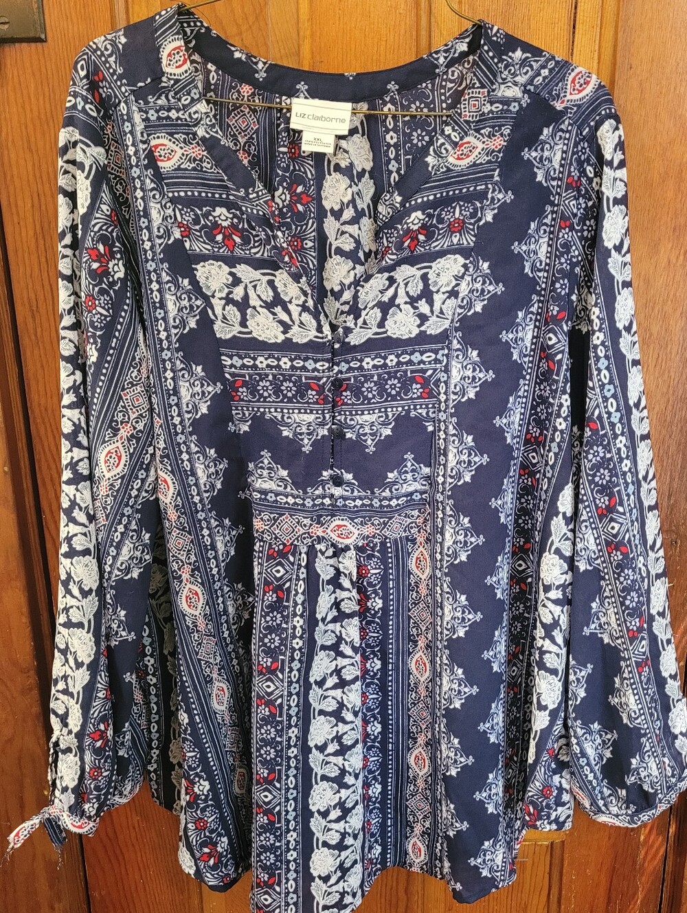 Liz Claiborne Navy Sheer Boho Printed Peasant Blouse Size XXL